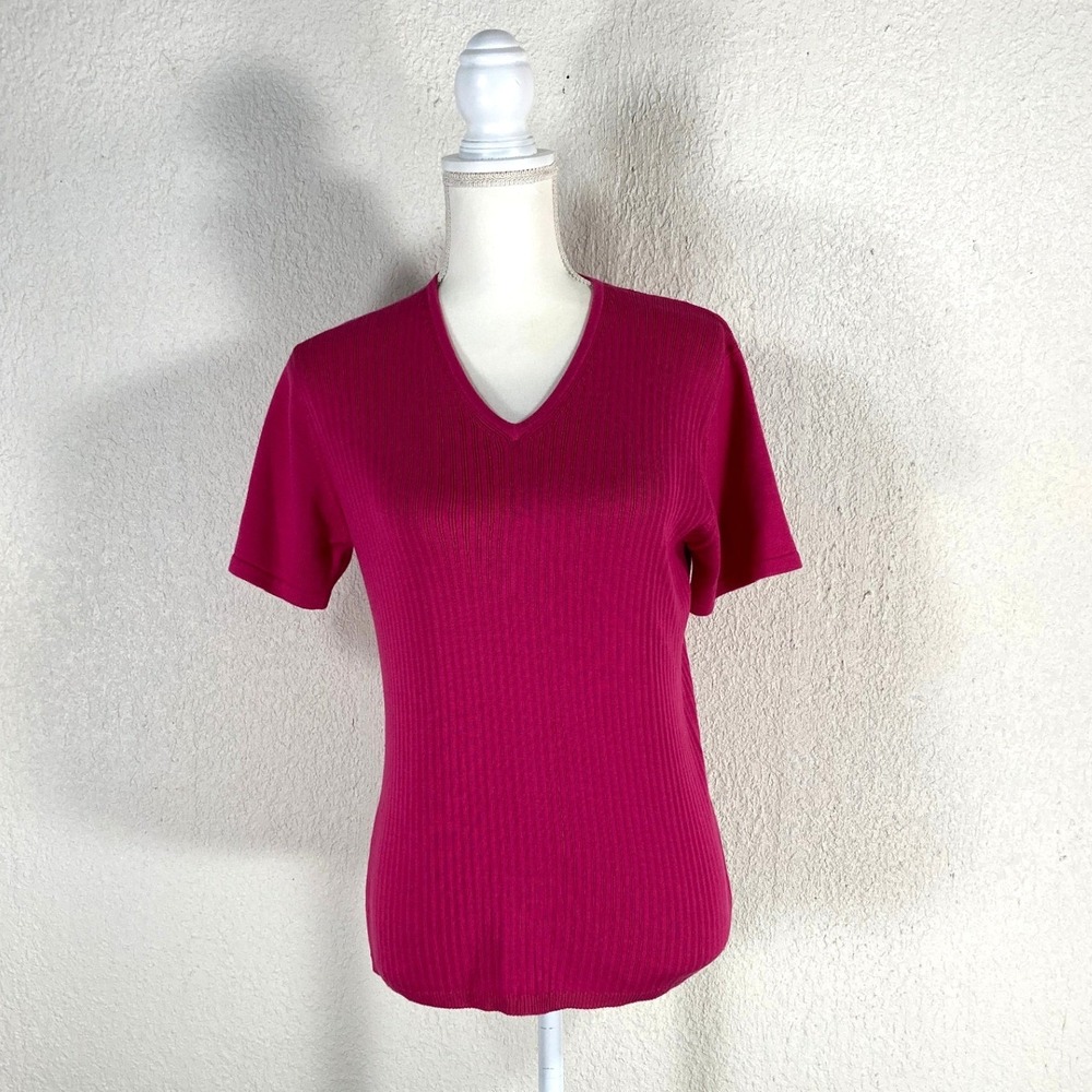 Signature Expressions Magenta Pink Silk Cotton Ribbed V-Neck Knit Top Vintage L